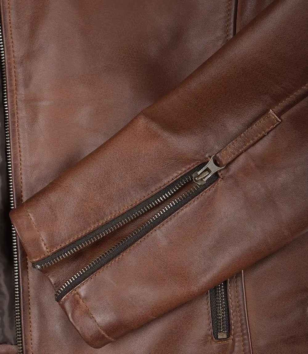 Mens Cognac Biker Style Leather Jacket - Dual Stripes