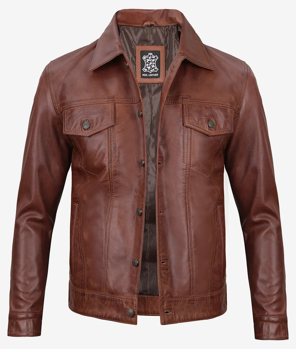Men's Cognac Trucker Leather Jacket - Classic Shirt Style