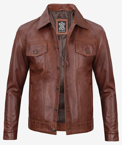 Men's Cognac Trucker Leather Jacket - Classic Shirt Style