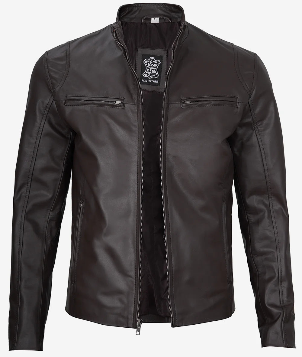 Mens Classic Dark Brown Cafe Racer Leather Jacket Max Jackets