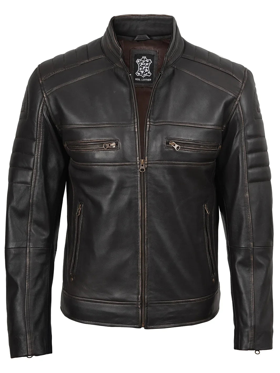 Men's Rub-Off Brown Leather Cafe Racer Jacket