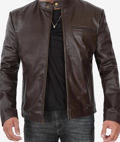 Mens Dark Brown Premium Cowhide Leather Cafe Racer Jacket Max Jackets
