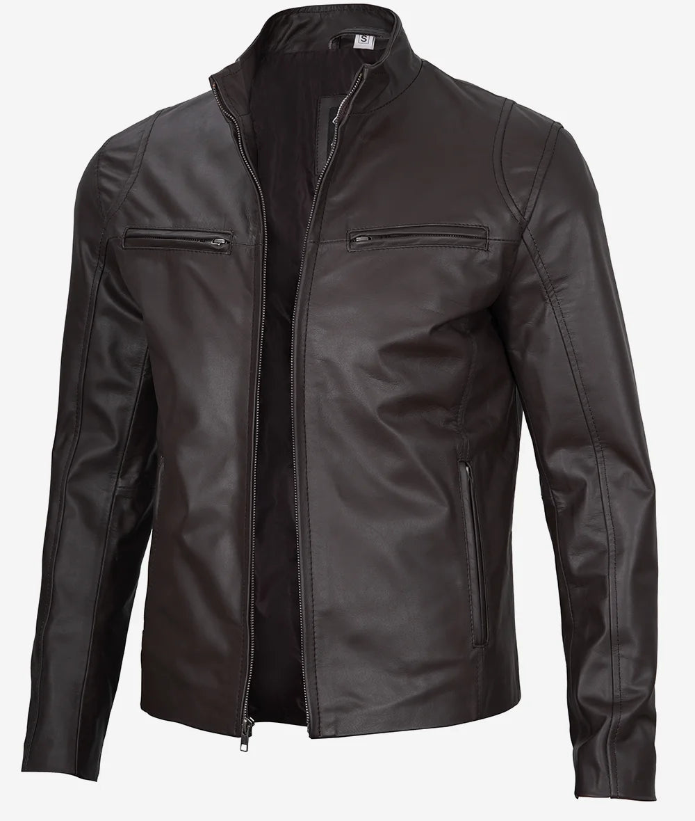 Mens Classic Dark Brown Cafe Racer Leather Jacket Max Jackets