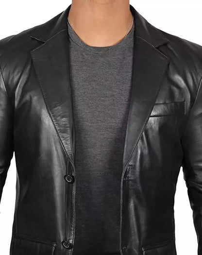 Mens Black Leather Blazer Jacket - Stylish Two Button Notch Lapel Blazer Max Jackets