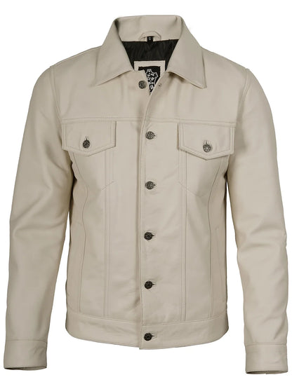 Fernando Men's Off White Leather Trucker Jacket