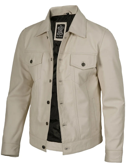Fernando Men's Off White Leather Trucker Jacket