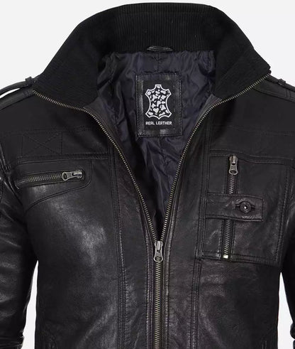 Men's Black Washed Leather Biker Style Jacket