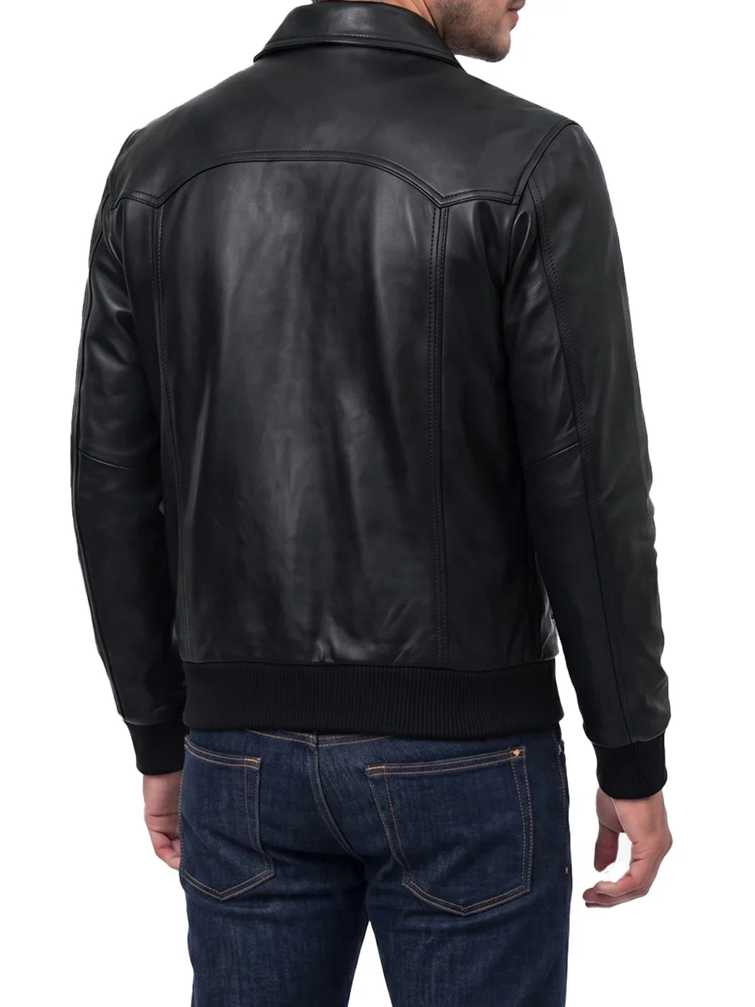 Mens Shirt Collar Black Bomber Leather Jacket