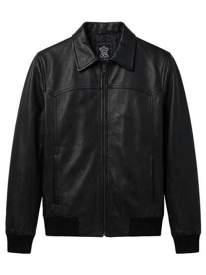 Mens Shirt Collar Black Bomber Leather Jacket