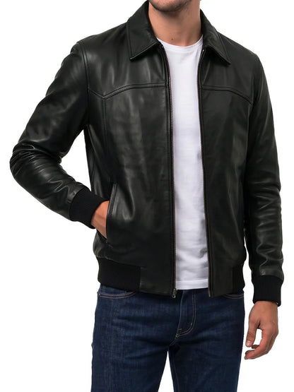Mens Shirt Collar Black Bomber Leather Jacket