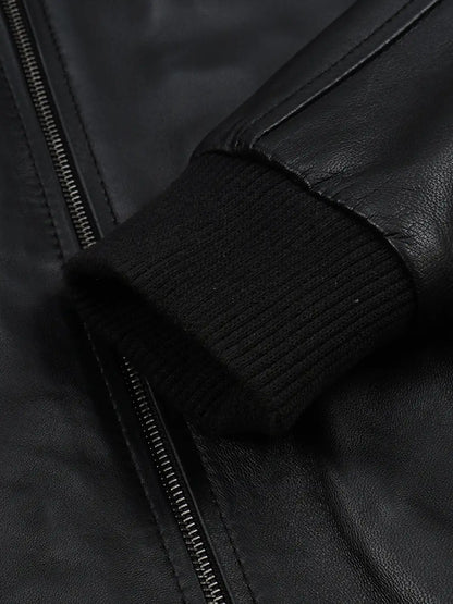 Mens Shirt Collar Black Bomber Leather Jacket