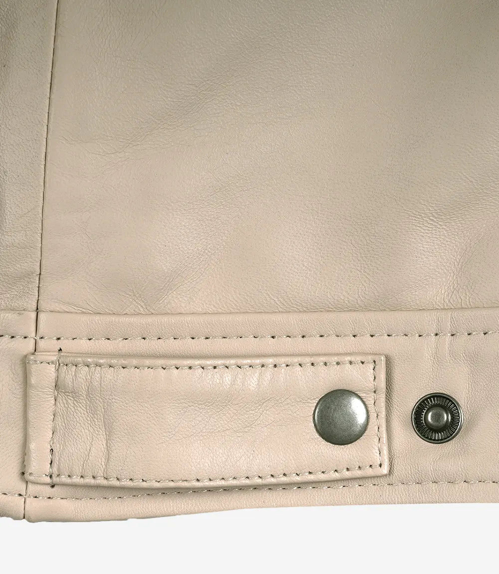 Mens Classic Shirt Collar Beige Harrington Leather Jacket