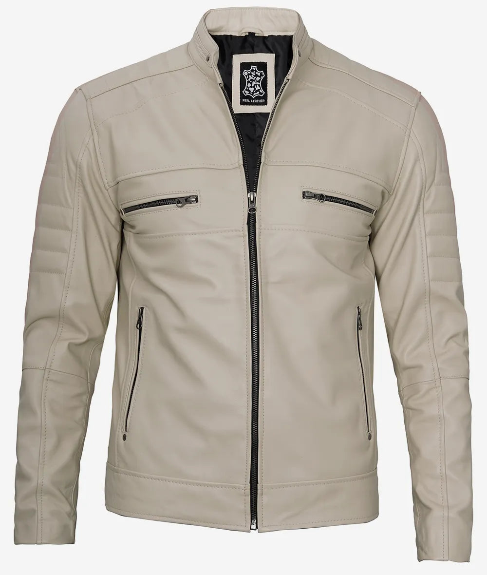 Mens Beige Cafe Racer Leather Jacket Max Jackets