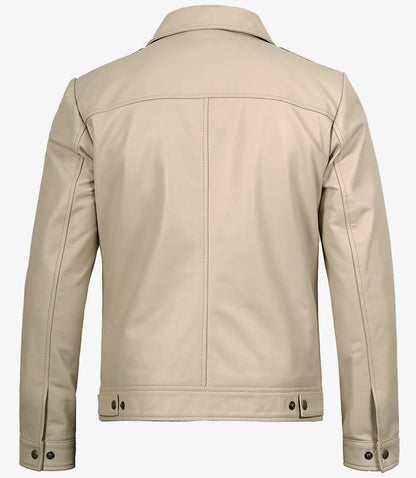 Mens Classic Shirt Collar Beige Harrington Leather Jacket