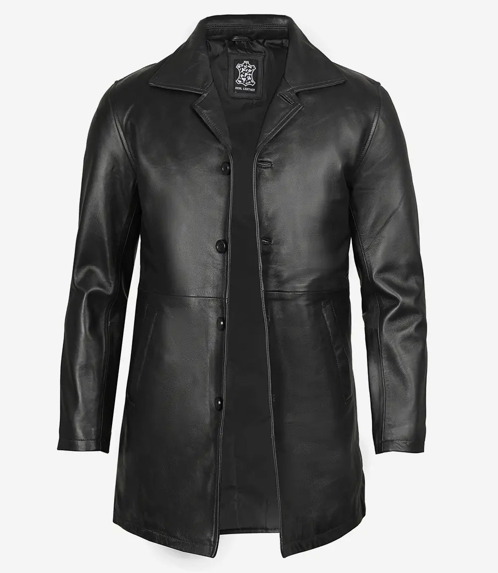 Men's Tall Three Quarter Length Black Leather Coat
