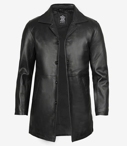 Men's Tall Three Quarter Length Black Leather Coat