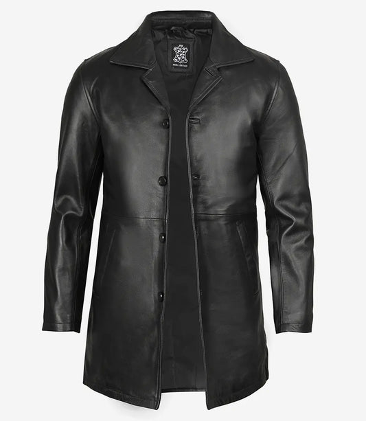 Men's Tall Three Quarter Length Black Leather Coat
