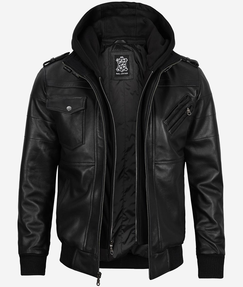 Men's Black Leather Bomber Jacket with Removable Hood