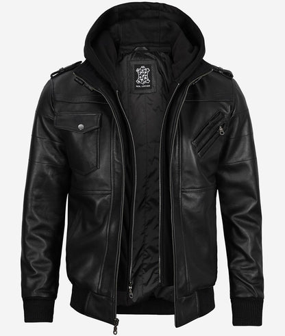 Men's Black Leather Bomber Jacket with Removable Hood