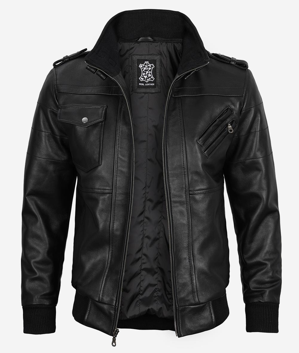 Men's Black Leather Bomber Jacket with Removable Hood