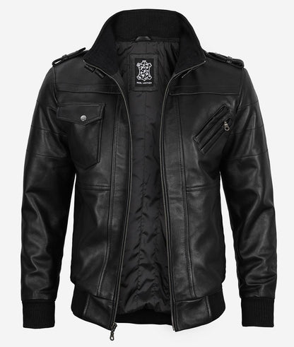Men's Black Leather Bomber Jacket with Removable Hood