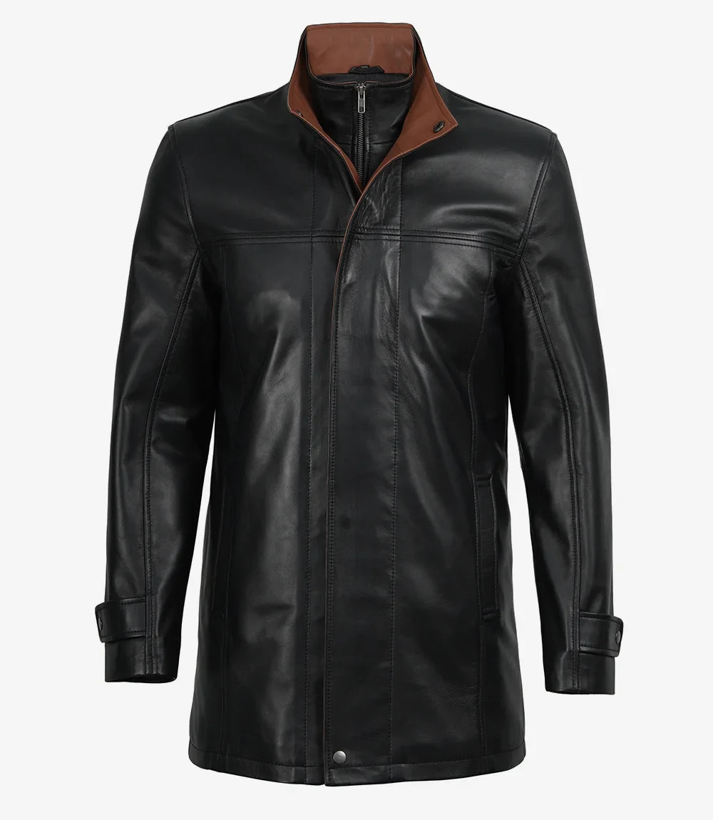 Erin Mens High-Collar Black Leather Jacket With Brown Details