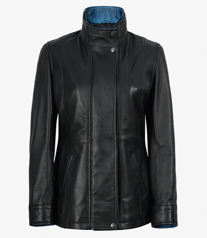 Erin Women's High-Collar Black Leather Jacket With Blue Waxed Details