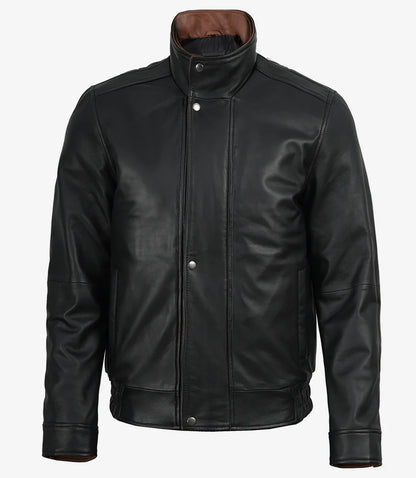 Erin Mens High-Collar Black Bomber Leather Jacket With Brown Details