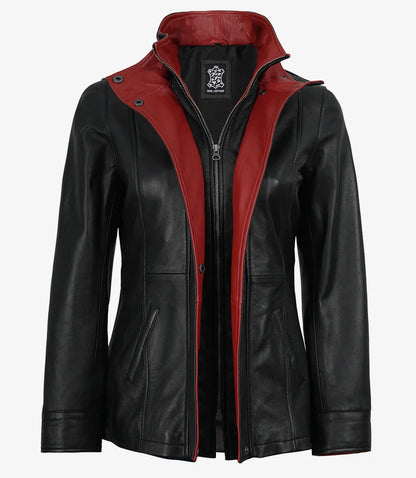 Erin Women's High-Collar Black Leather Jacket With Red Details