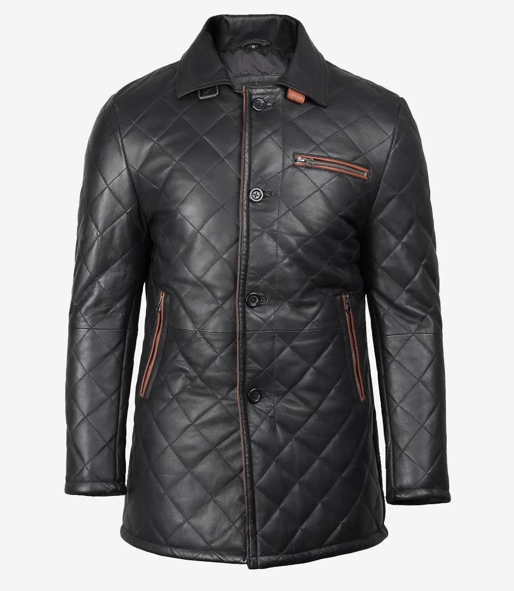 Men's Black Diamond Quilted Leather Car Coat With Brown Detailing