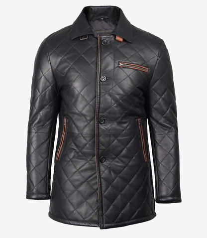 Men's Black Diamond Quilted Leather Car Coat With Brown Detailing