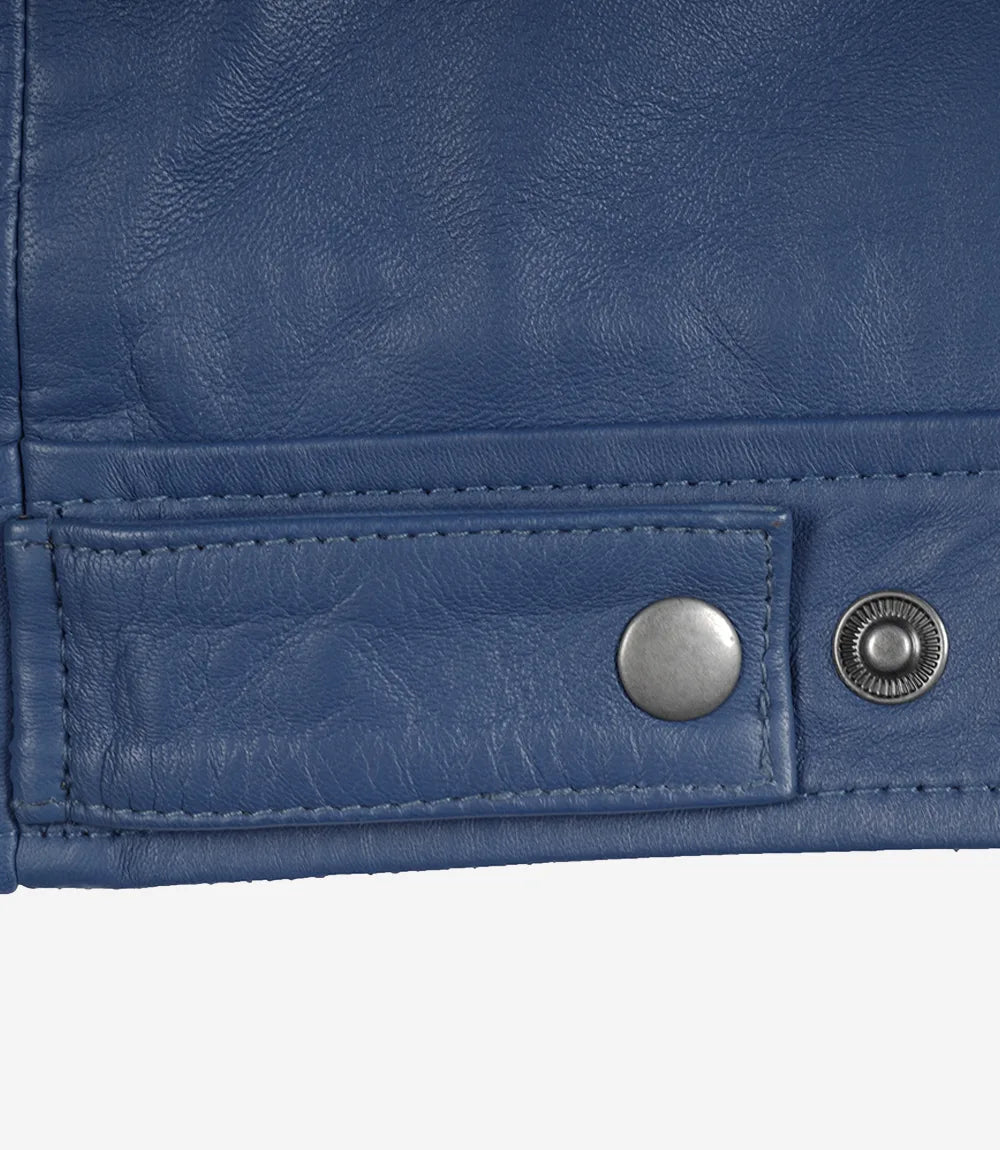 Men's Classic Blue Leather Jacket with Shirt Collar