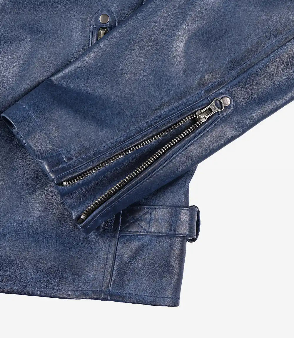 Mens Blue Waxed Biker Style Leather Jacket