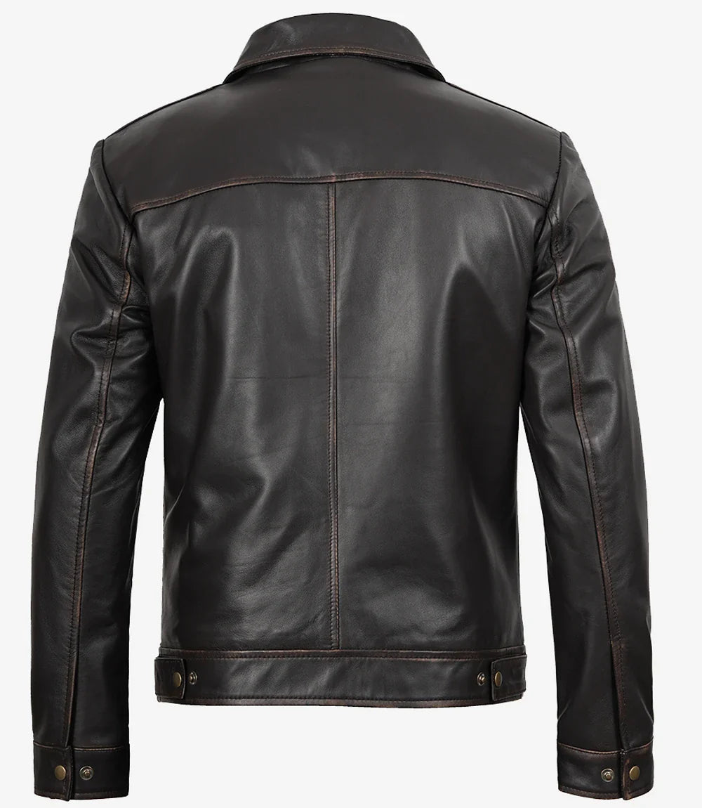 Mens Shirt Collar Classic Distressed Brown Leather Jacket
