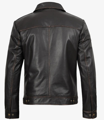 Mens Shirt Collar Classic Distressed Brown Leather Jacket