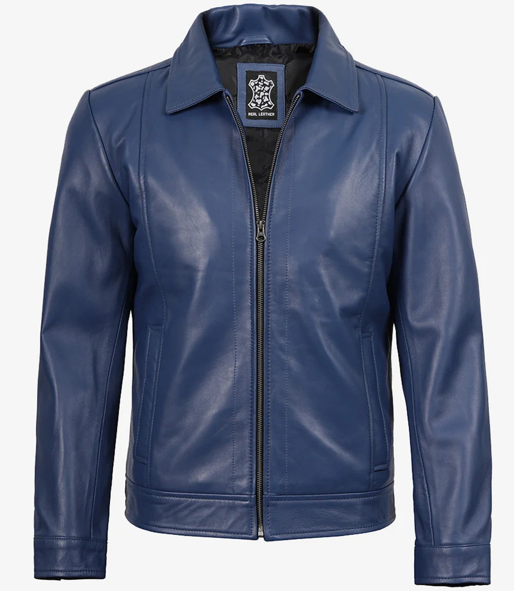 Men's Classic Blue Leather Jacket with Shirt Collar