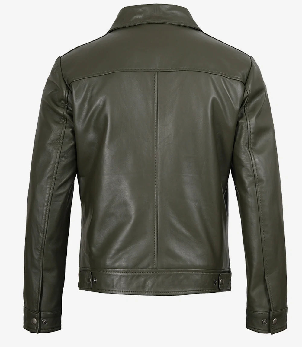 Men's Classic Shirt Collar Olive Green Leather Jacket