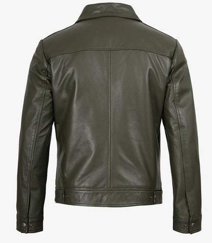 Men's Classic Shirt Collar Olive Green Leather Jacket