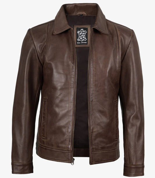 Reeves Mens Shirt Collar Brown Leather Jacket
