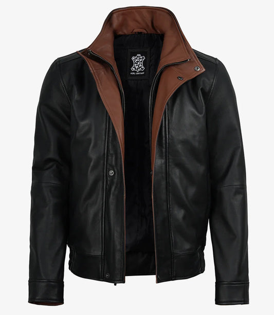Erin Mens High-Collar Black Bomber Leather Jacket With Brown Details