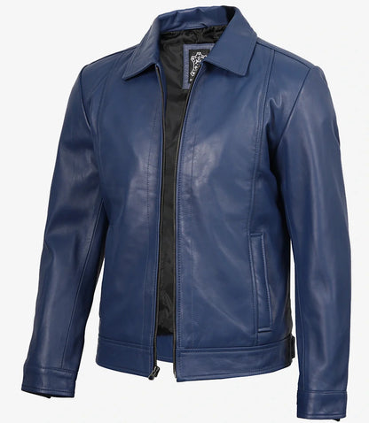 Men's Classic Blue Leather Jacket with Shirt Collar