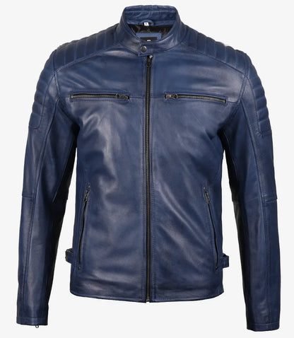 Mens Blue Waxed Biker Style Leather Jacket