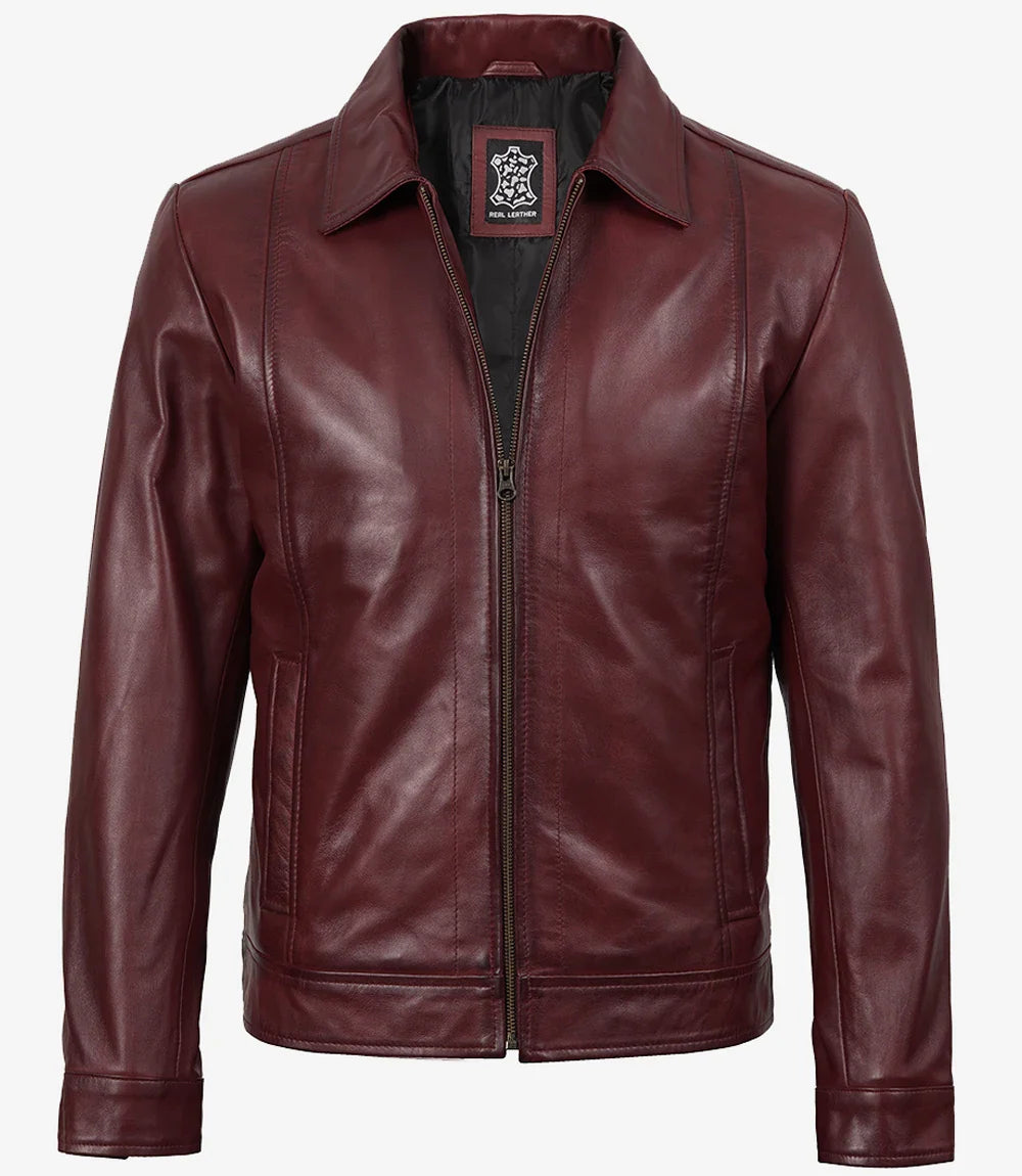 Mens Classic Shirt Collar Burgundy Harrington Leather Jacket