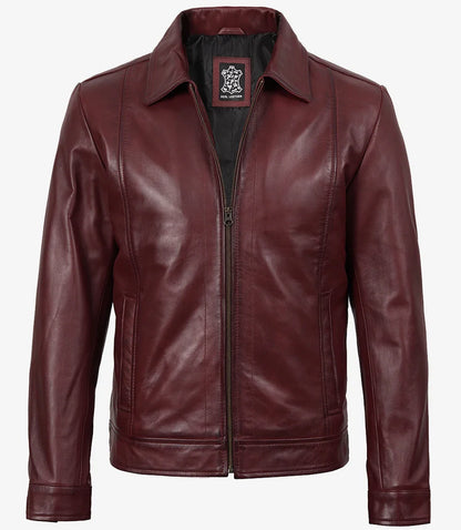 Mens Classic Shirt Collar Burgundy Harrington Leather Jacket