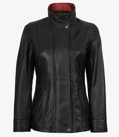 Erin Women's High-Collar Black Leather Jacket With Red Details