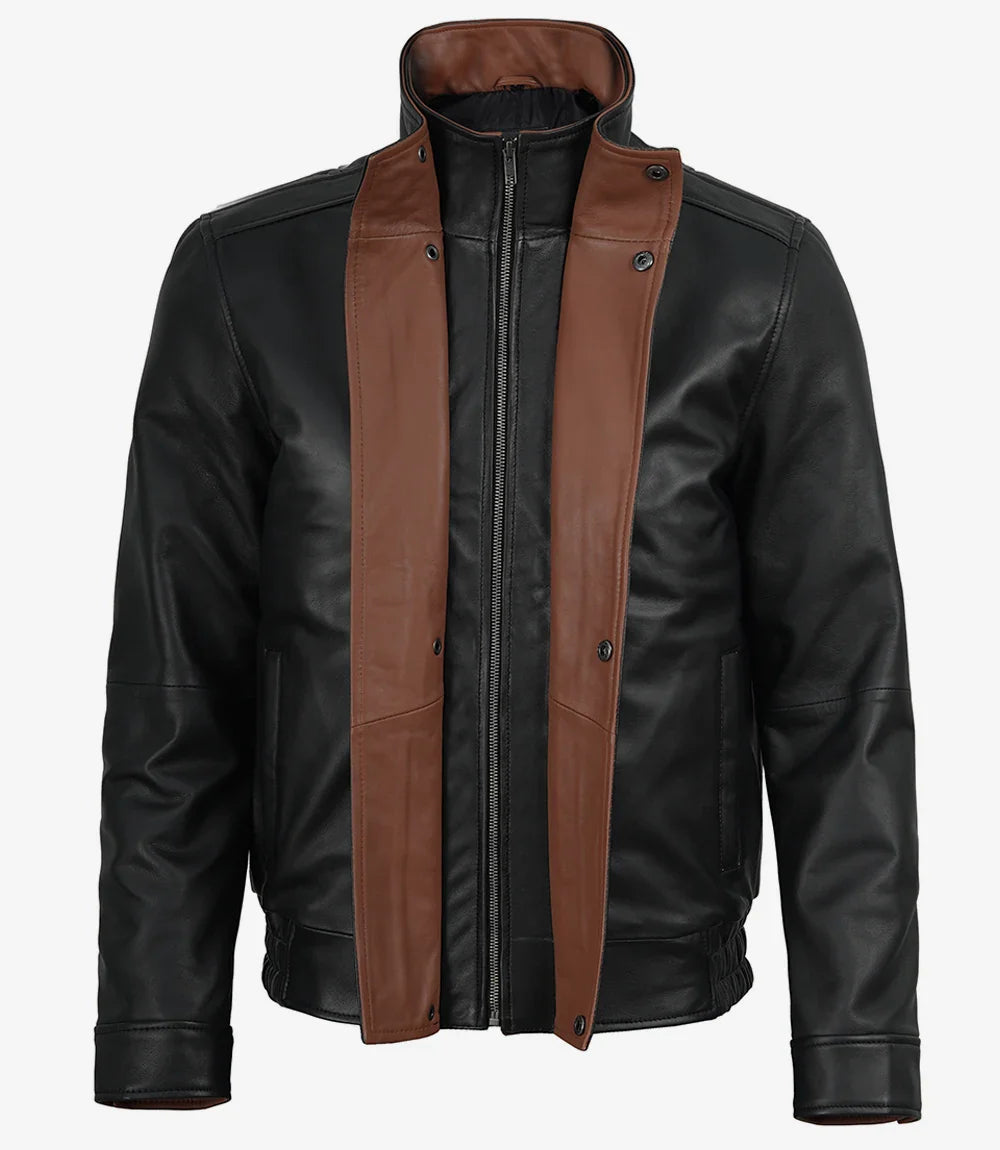 Erin Mens High-Collar Black Bomber Leather Jacket With Brown Details