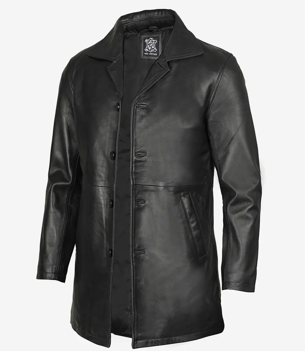 Men's Tall Three Quarter Length Black Leather Coat