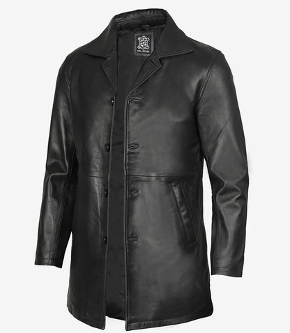 Men's Tall Three Quarter Length Black Leather Coat
