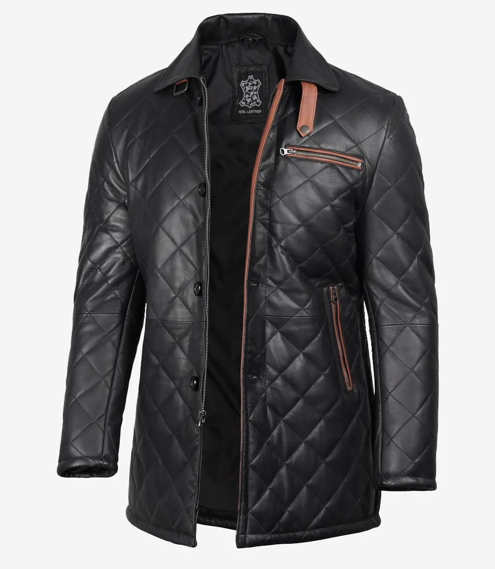 Men's Black Diamond Quilted Leather Car Coat With Brown Detailing