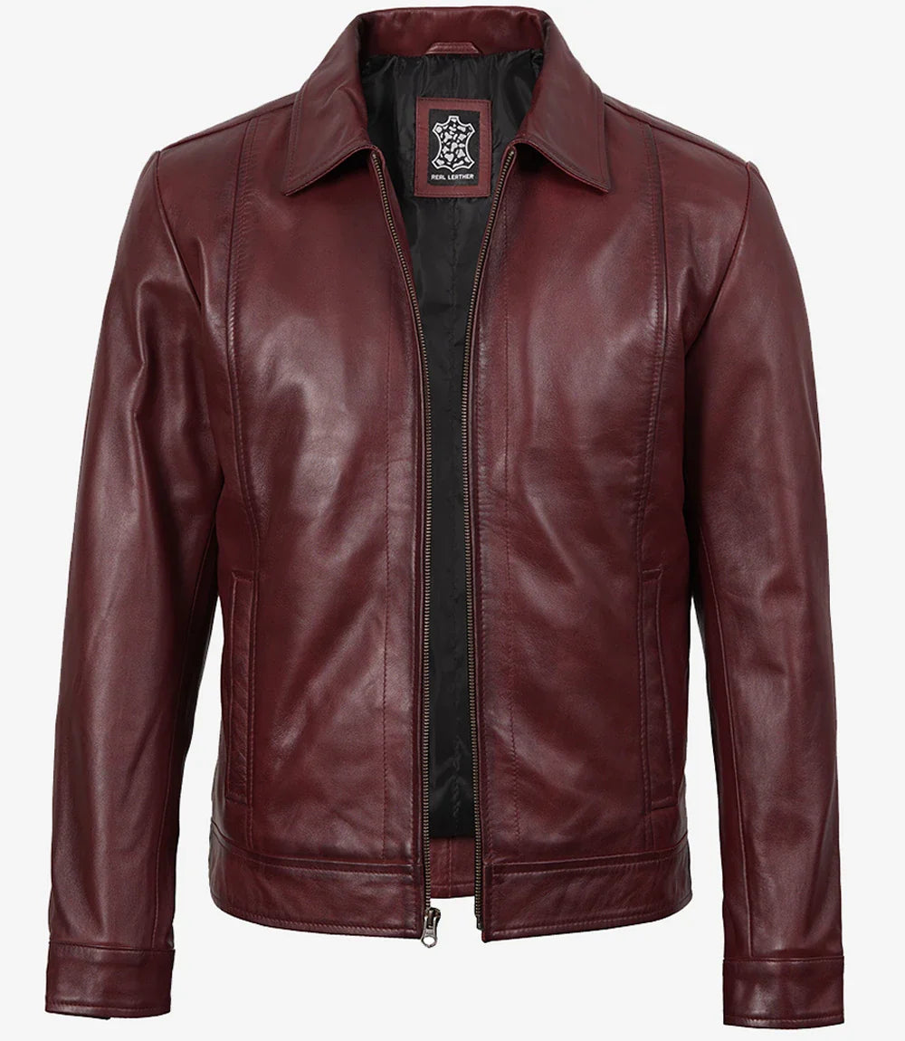 Mens Classic Shirt Collar Burgundy Harrington Leather Jacket